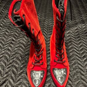 Vibrant Red Lace-Up Velvet Boot
